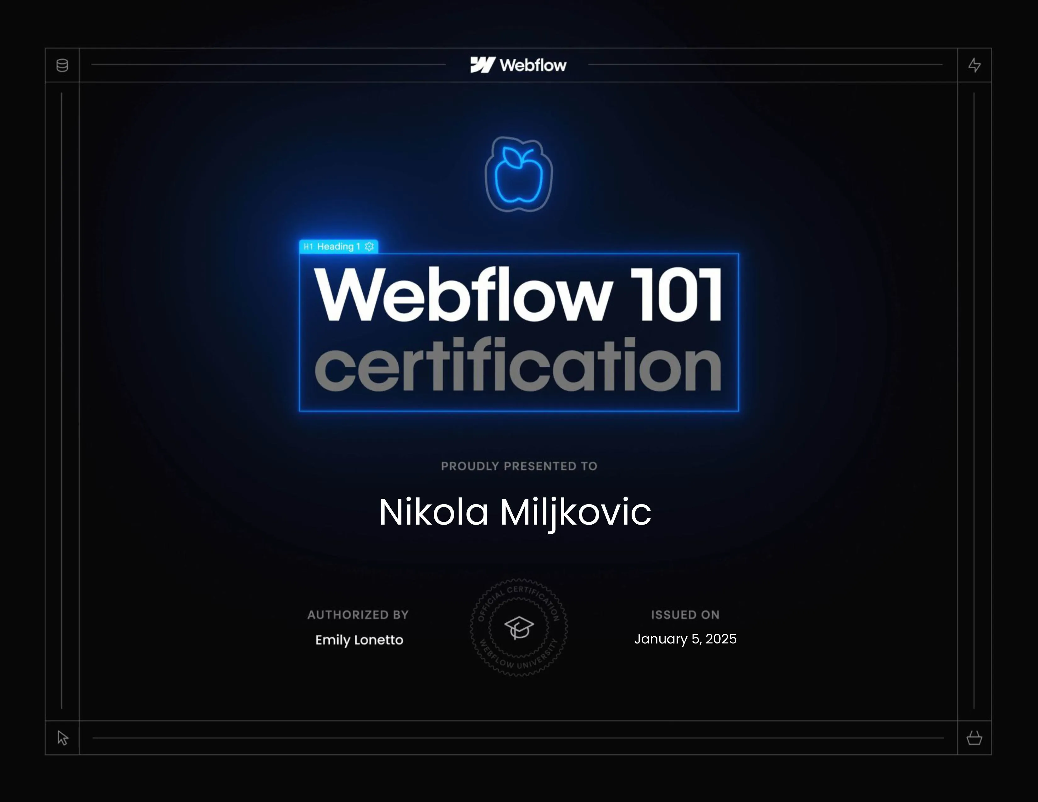 Webflow Academy 101 Certificate